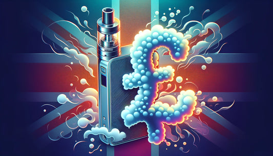 UK Tax on Vaping. An image of a vape in front of the UK flag with vapour floating around with a british pound symbol made out of cloud vapour.