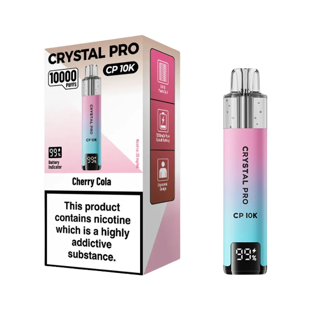 Crystal Pro CP 10K vape device and packaging with cherry cola flavor on a white background.