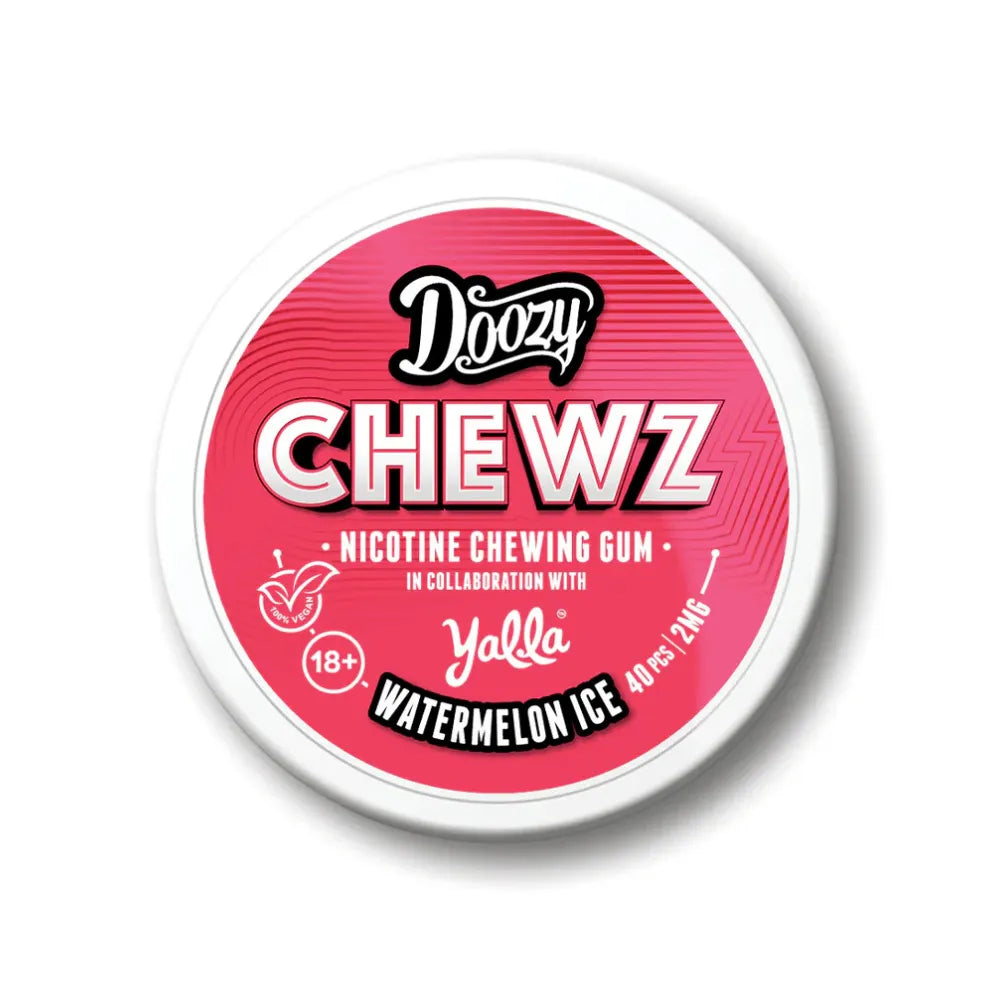 Doozy Chewz nicotine chewing gum container with pink and white design on a white background
