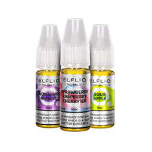 Three bottles of Elfliq e-liquid with different flavors on a white background