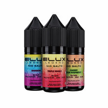 3 Elux Legend Nic Salts vape juice bottles on a white background
