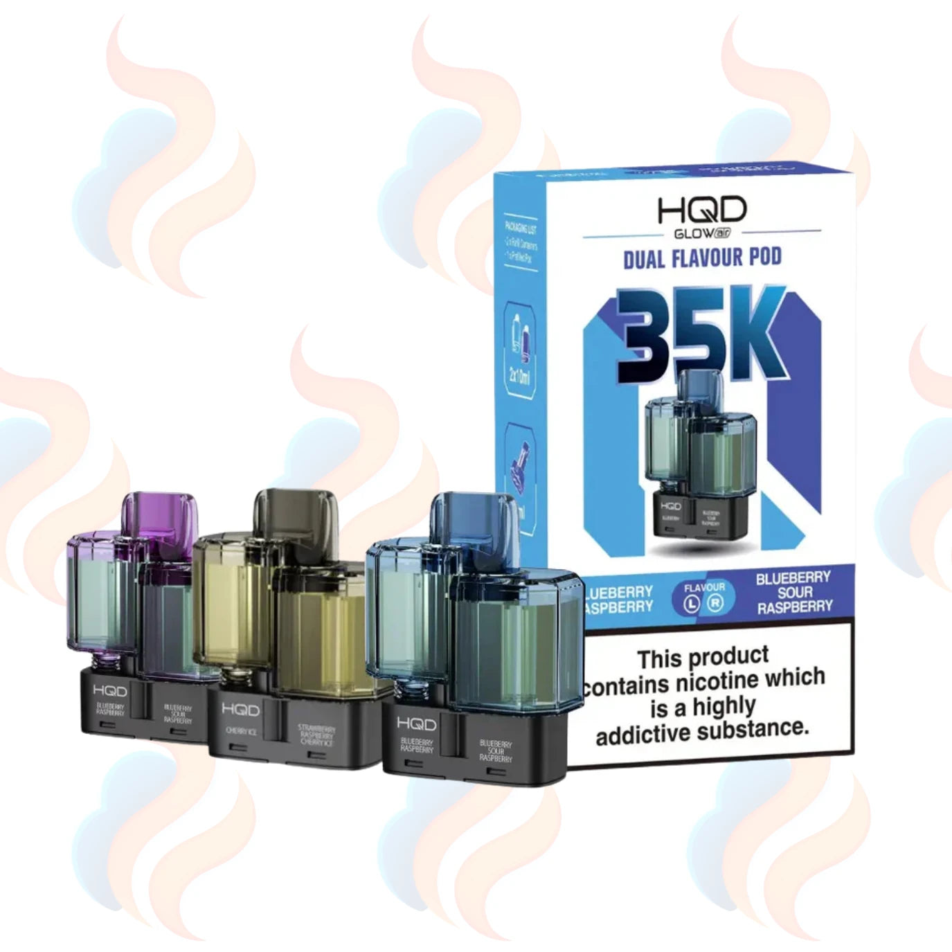 Three HQD Glow Air refills on a white background with UK Vape Supply Logo