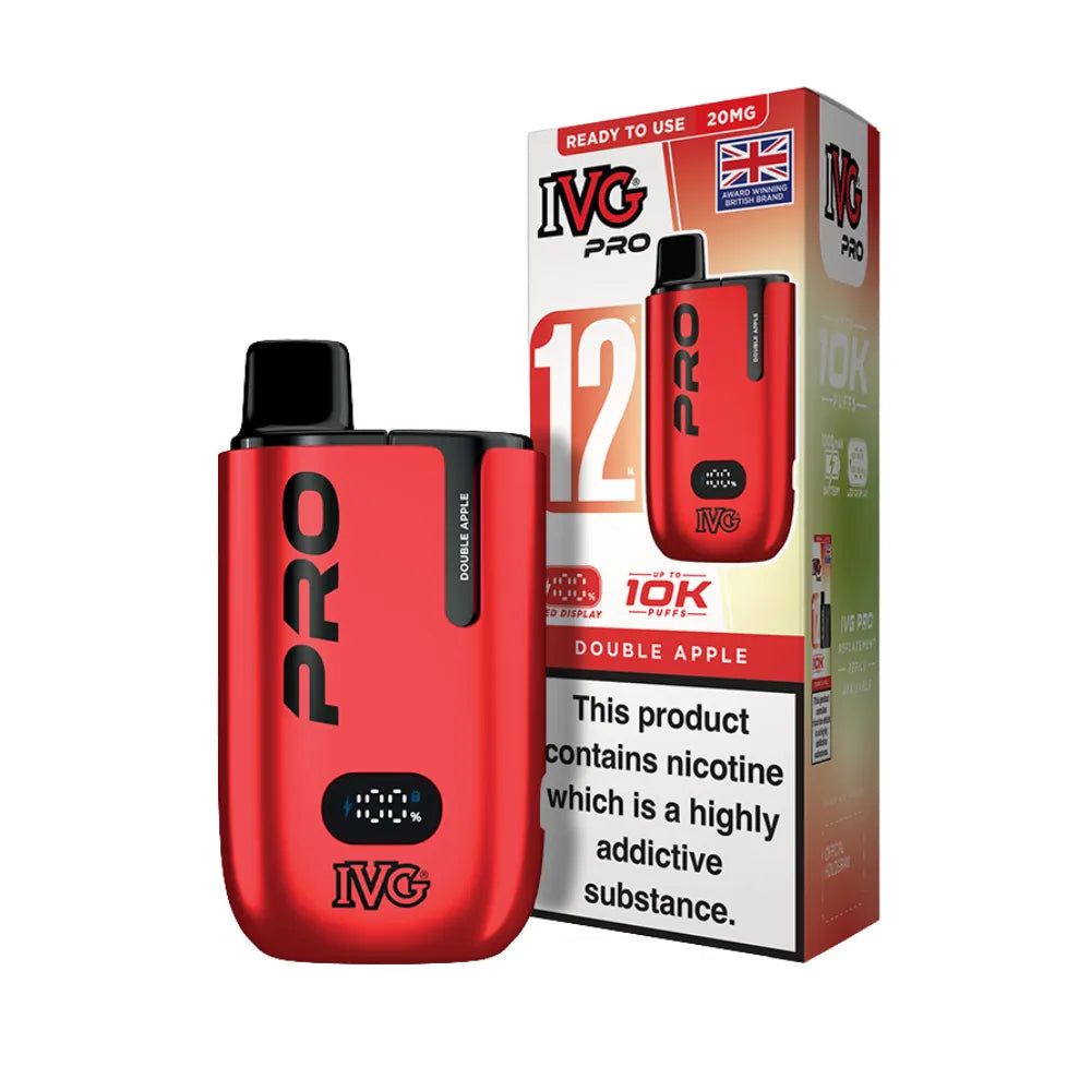 Red IVG Pro vaping device with packaging on a white background