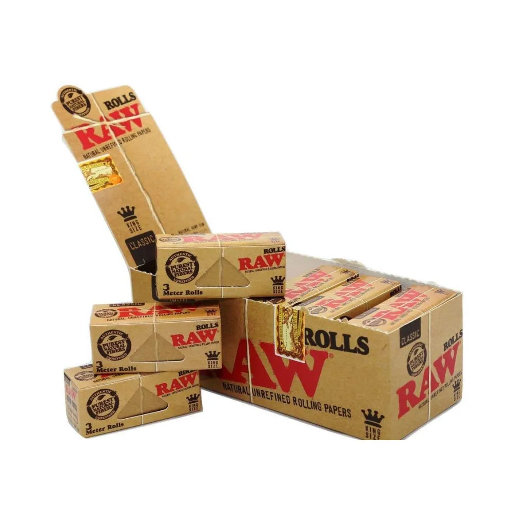 Stack of Raw rolling paper boxes on a white background 3 meter 12 pack