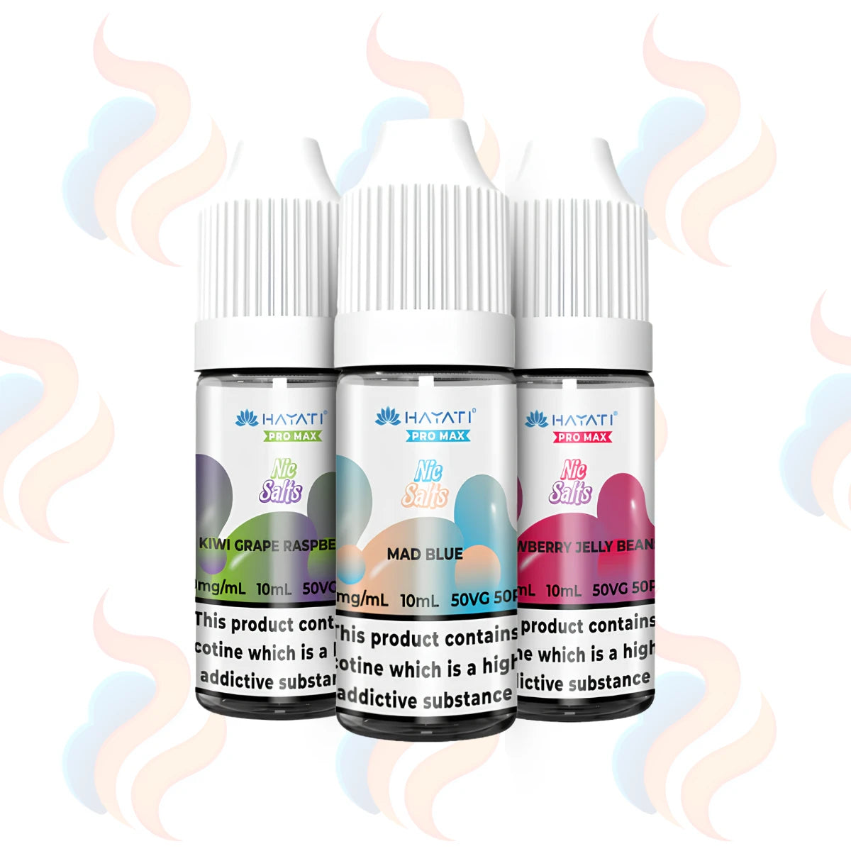 Three bottles of Hayati Pro Max Nic Salts in 10mg strength on a white background.