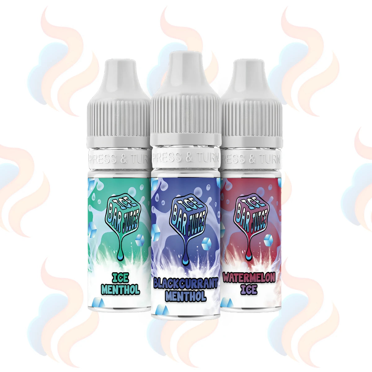 Three bottles of Ice Bar Juice Nic Salt e-liquids in 10mg strength on a white background.