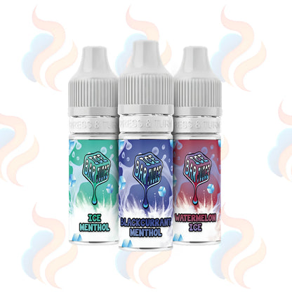 Three bottles of Ice Bar Juice Nic Salt e-liquids in 10mg strength on a white background.