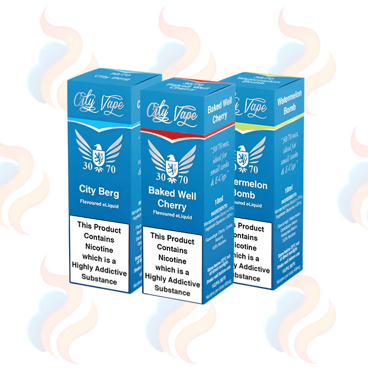 Three boxes of City Vape 30/70 freebase flavoured e-liquids in 12mg on a white background