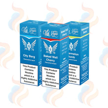 Three boxes of City Vape 30/70 freebase flavoured e-liquids in 12mg on a white background