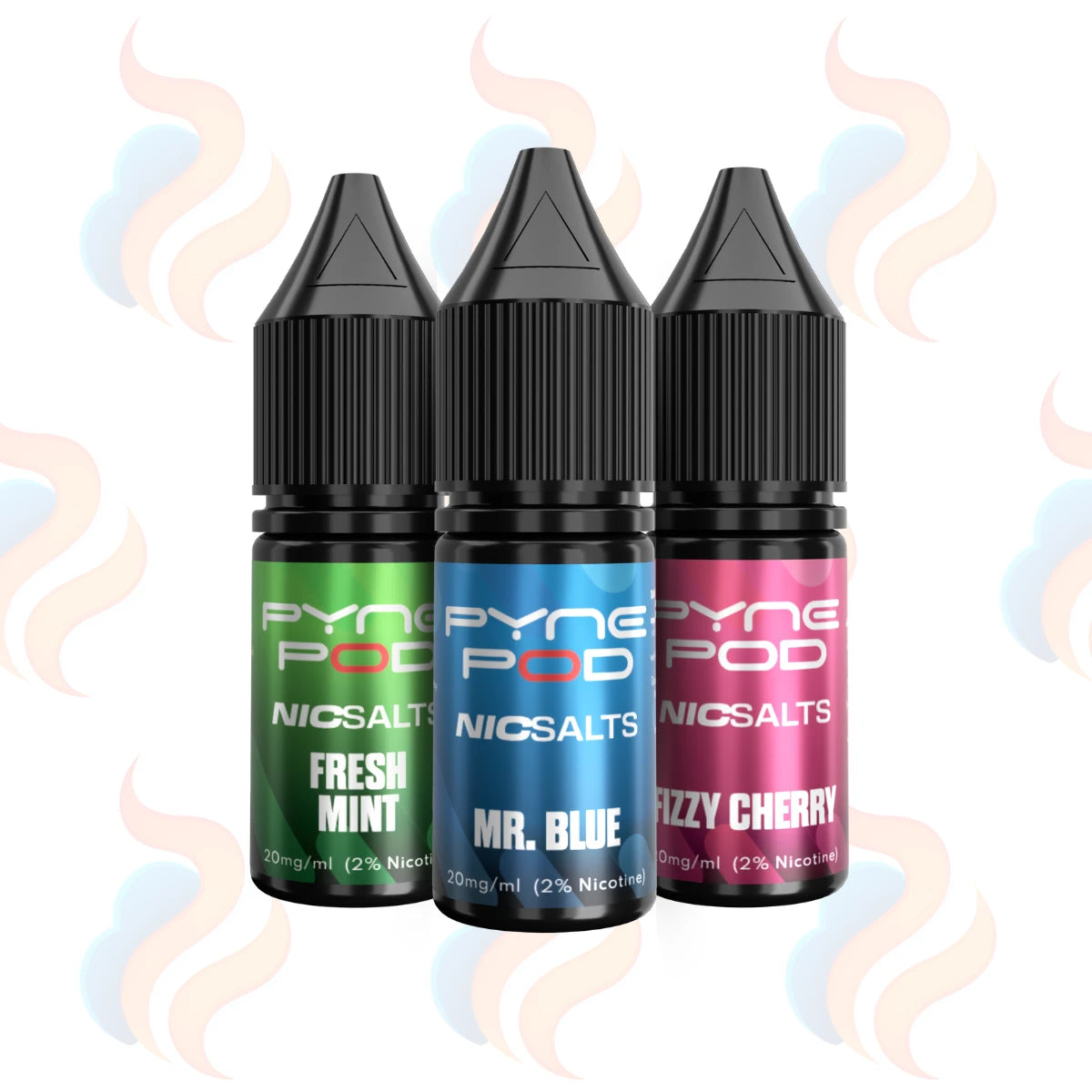 Three small Pyne Pod Nic Salts e-liquid bottles on a white background with soft pastel smoke graphics. The bottles are black with ribbed caps and have green, blue, and pink labels labelled Fresh Mint, Mr.