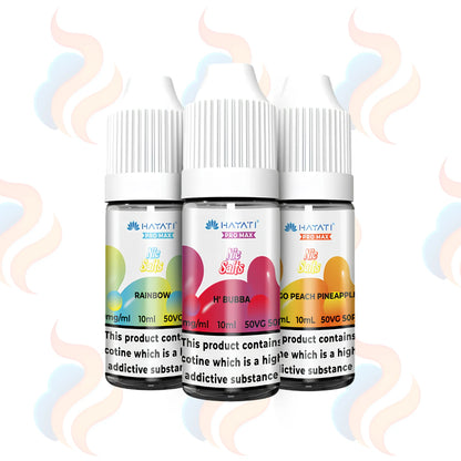 Three bottles of Hayati Pro Max Nic Salts in 20mg strength on a white background.