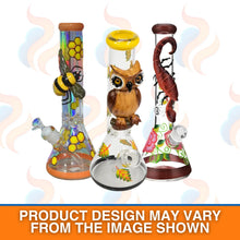Three decorative glass bongs with animal-themed designs on a white background.