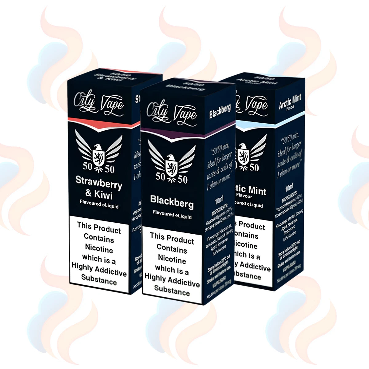 Three boxes of City Vape 50/50 freebase flavoured e-liquids in 3mg on a white background