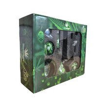 Green packaging box with cannabis leaf designs featuring a product inside on a white background