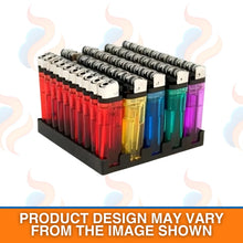 Set of 50 colourful lighters in a display case on a white background