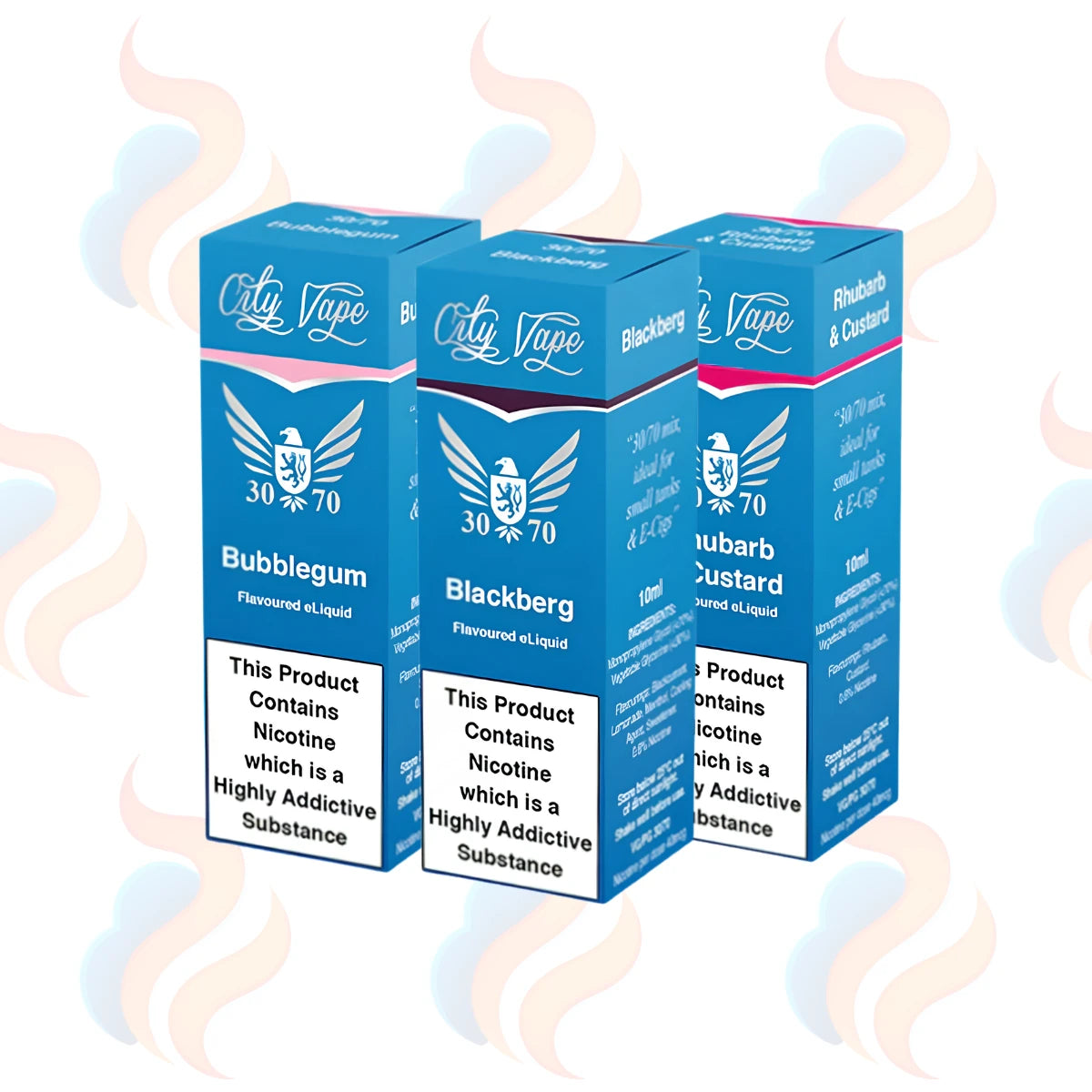 Three boxes of City Vape 30/70 freebase flavoured e-liquids in 6mg on a white background