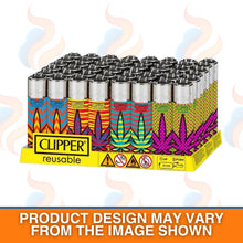 Pack of 40 Clipper lighters with colourful designs on a white background