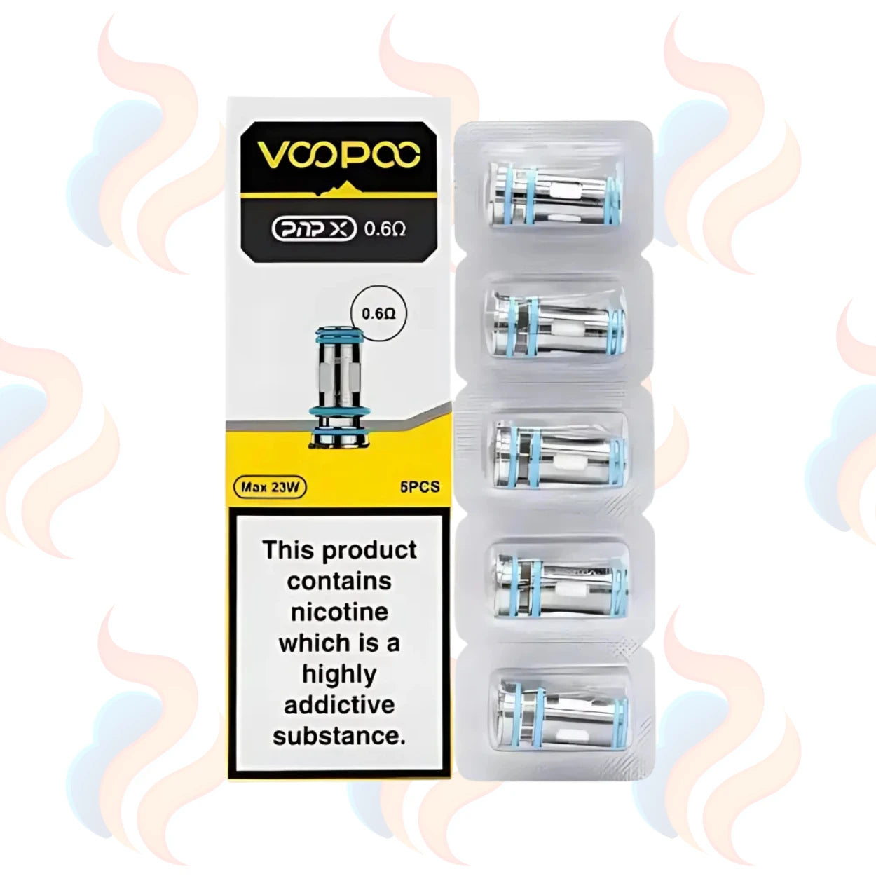 Pack of VooPoo PNP X vape coils with nicotine warning label on a white background
