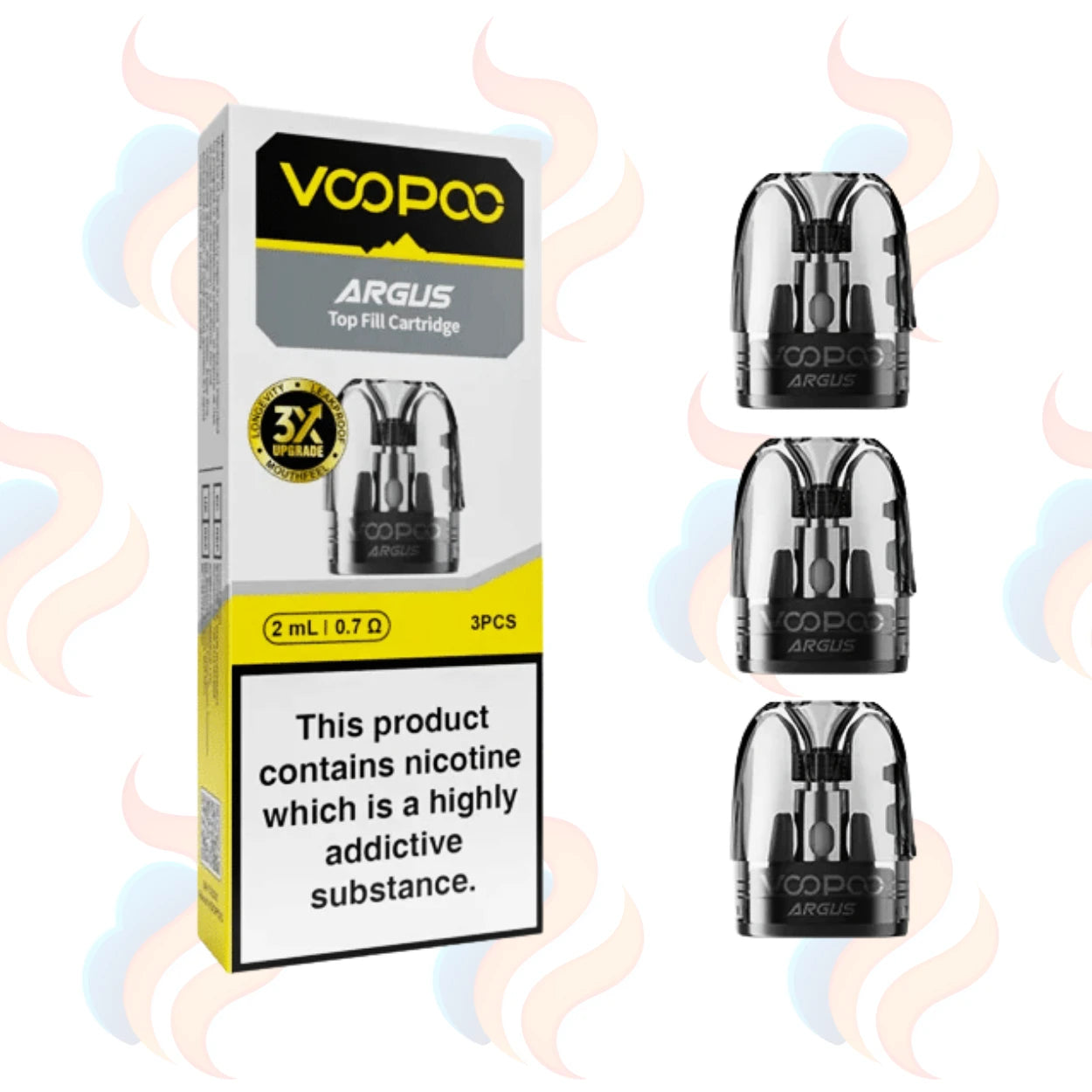 VOOPOO Argus top fill cartridge packaging with warning label on a white background