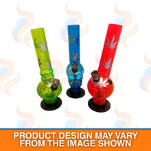 Three colourful glass bongs with leaf designs on a white background.