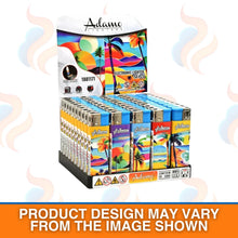 Display of Adamo electronic lighters with colourful packaging on a white background