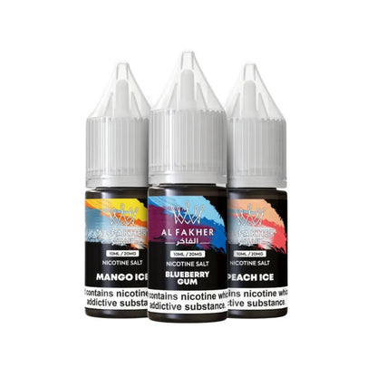 Three bottles of Al Fakher e-liquid with different flavors on a white background