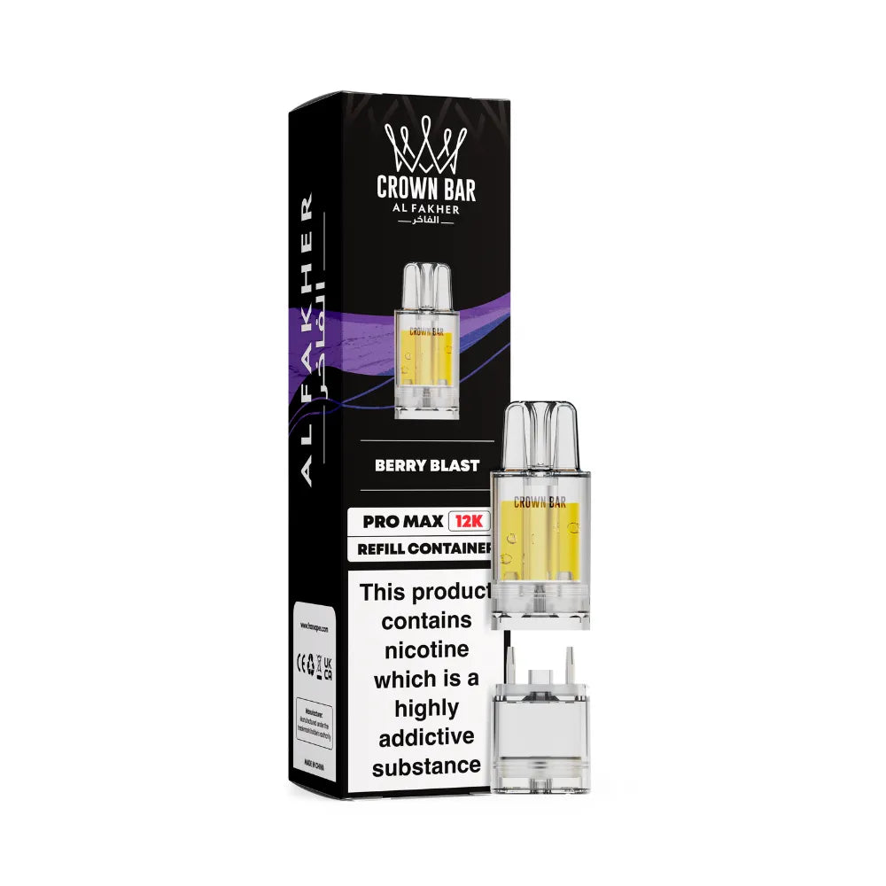 Al Fakher Crown Bar berry blast vape refills with packaging on a white background