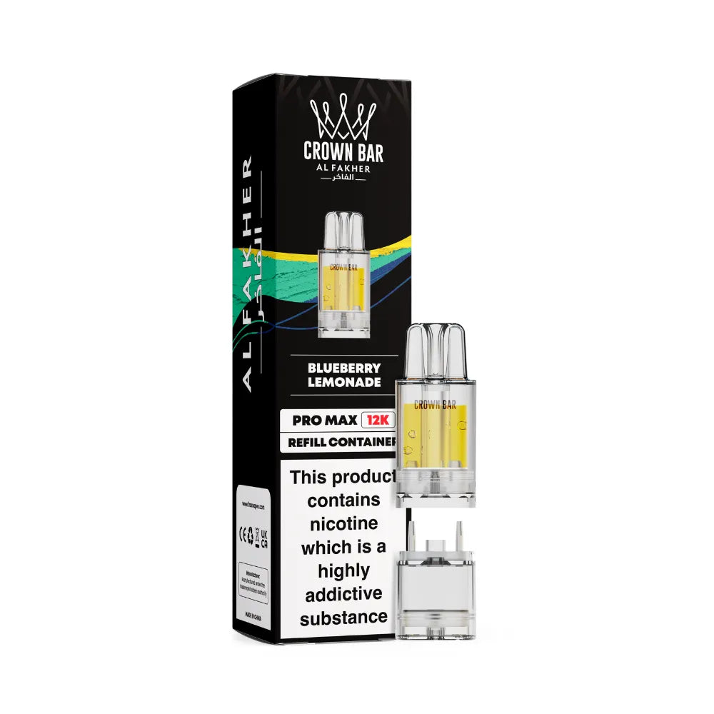 Al Fakher Crown Bar vape refills blueberry lemonade and packaging on a white background
