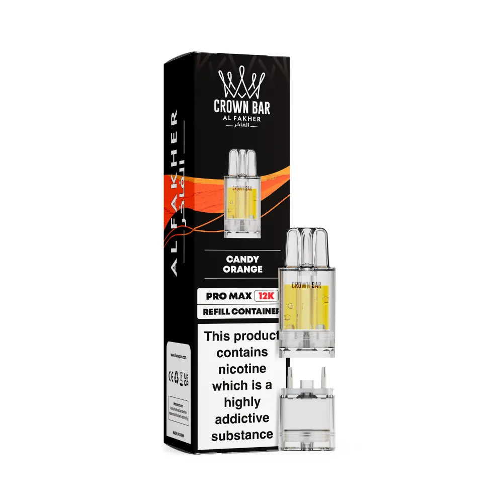 Al Fakher Crown Bar vape refills candy orange with packaging on a white background