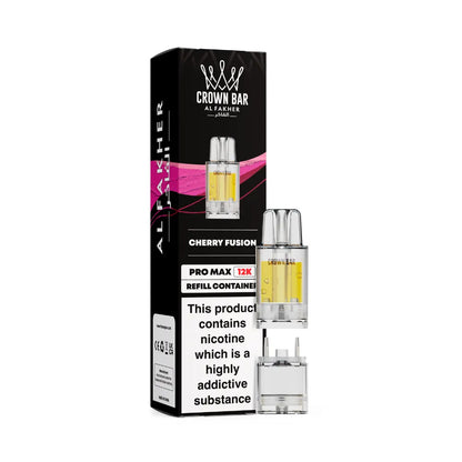 Crown Bar Al Fakher cherry fusion vape refills with packaging on a white background