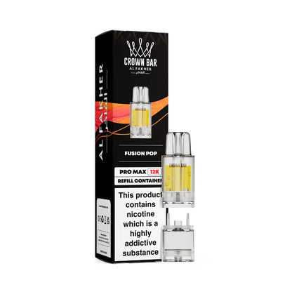 Al Fakher Crown Bar vape refills fusion pop and packaging on a white background
