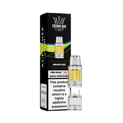 Al Fakher Crown Bar vape refills grape fizz and packaging on a white background
