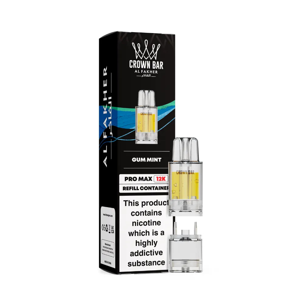 Al Fakher Crown Bar gum mint vape refills with packaging on a white background