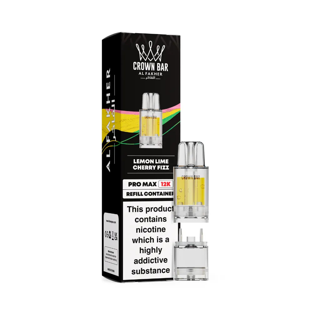 Al Fakher Crown Bar vape refills lemon lime cherry fizz and packaging on a white background
