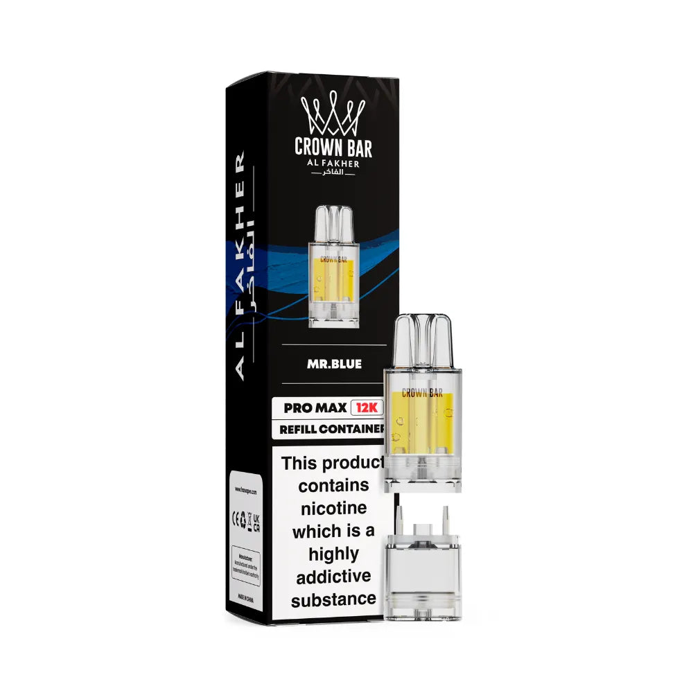 Al Fakher Crown Bar vape refills mr blue and packaging on a white background
