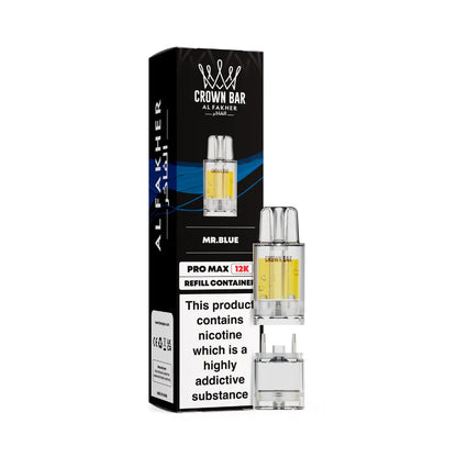 Al Fakher Crown Bar vape refills mr blue and packaging on a white background
