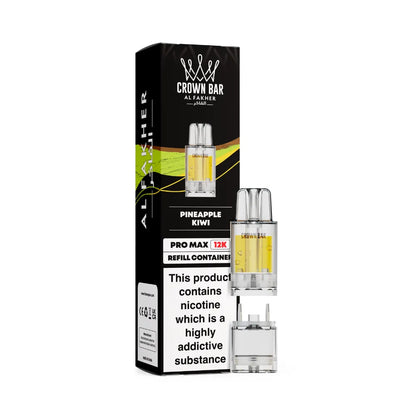 Al Fakher Crown Bar vape refills pineapple kiwi and packaging on a white background
