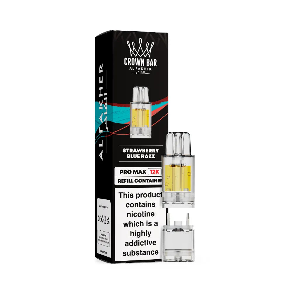Al Fakher Crown Bar strawberry blue razz vape refills with packaging on a white background
