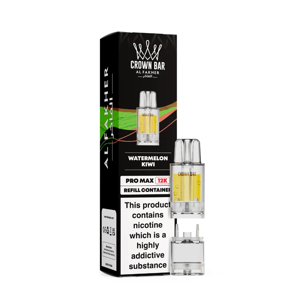 Al Fakher Crown Bar watermelon kiwi vape refills with packaging on a white background
