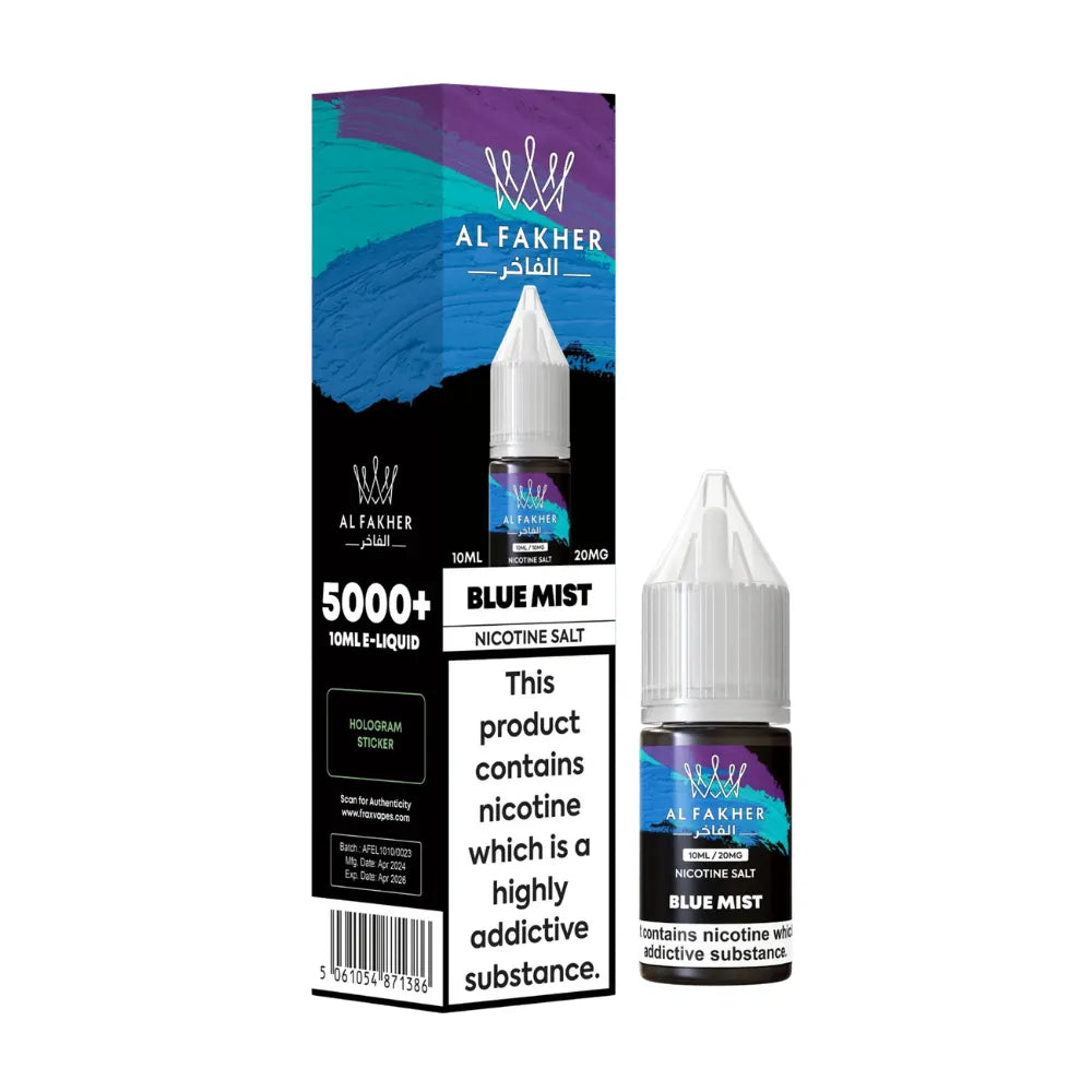 Al Fakher Blue Mist nicotine salt e-liquid packaging on a white background