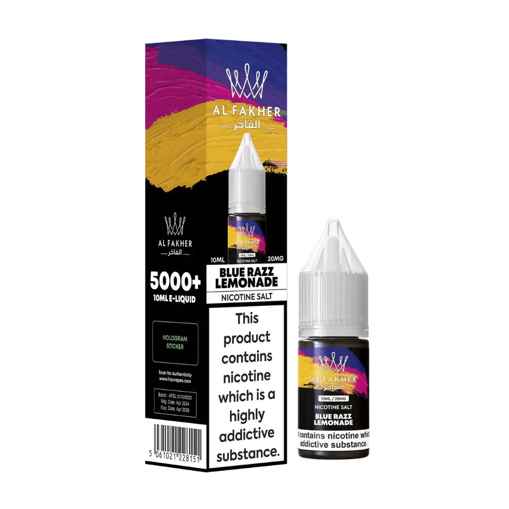 Al Fakher Blue Razz Lemonade nicotine salt e-liquid packaging on a white background