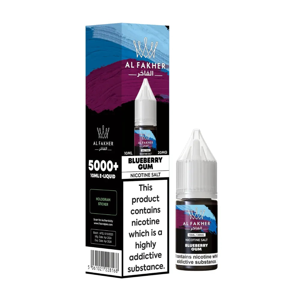 Al Fakher Blueberry Gum nicotine salt e-liquid packaging on a white background