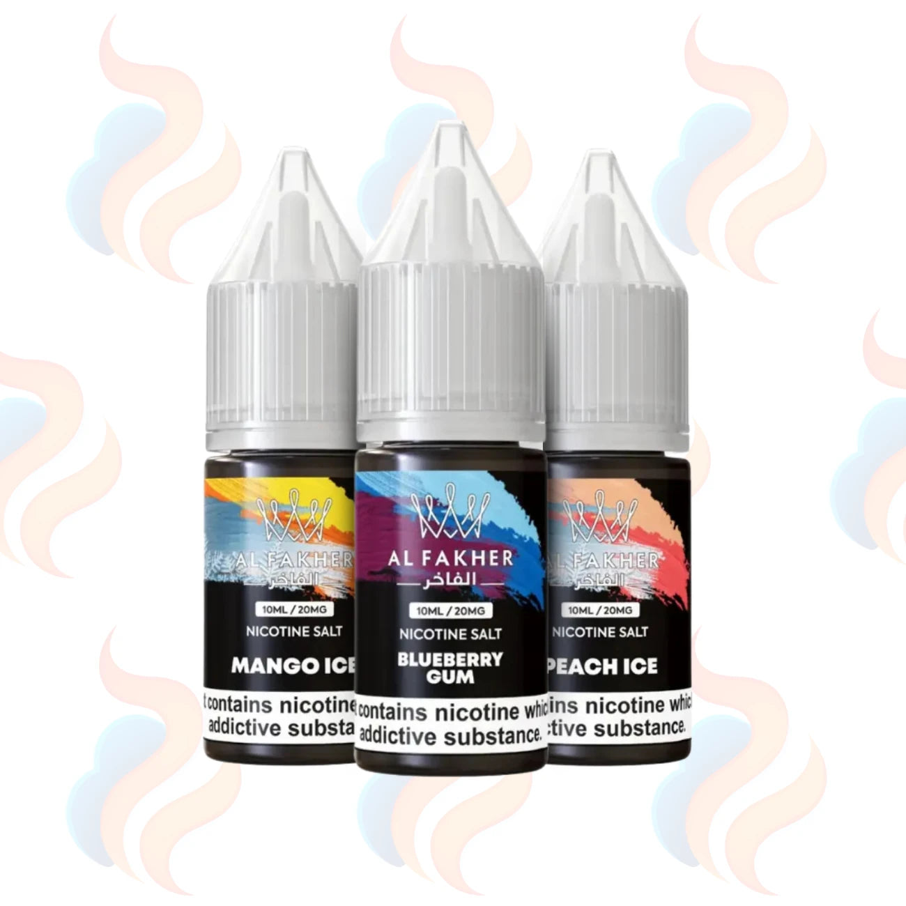 Three Al Fakher Pro Max Salts E-liquids on a white background with UK Vape Supply Logo
