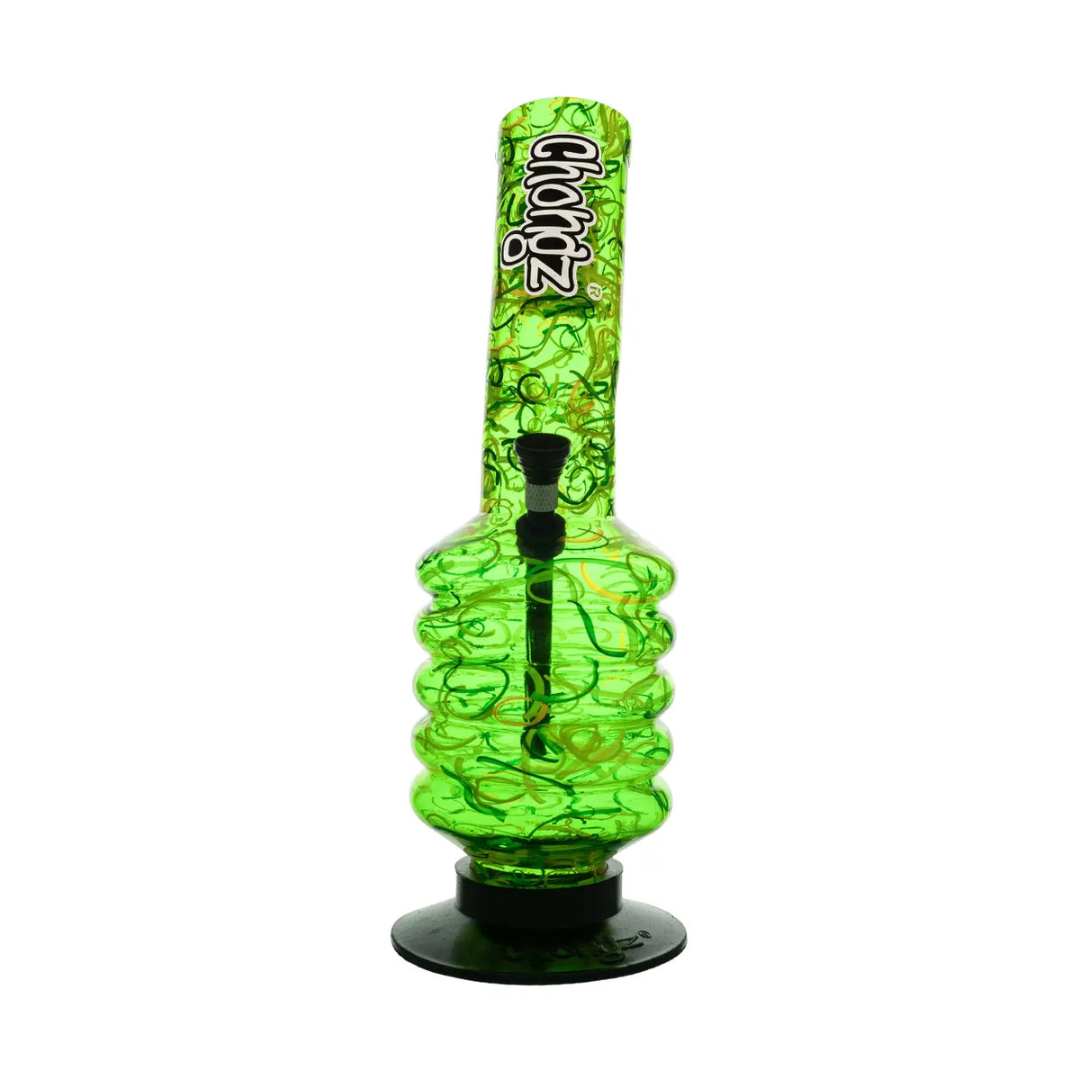 A green glass water pipe with a swirled pattern, featuring a black mouthpiece, base, and a visible 'chongz' logo on the neck, set against a plain white background.