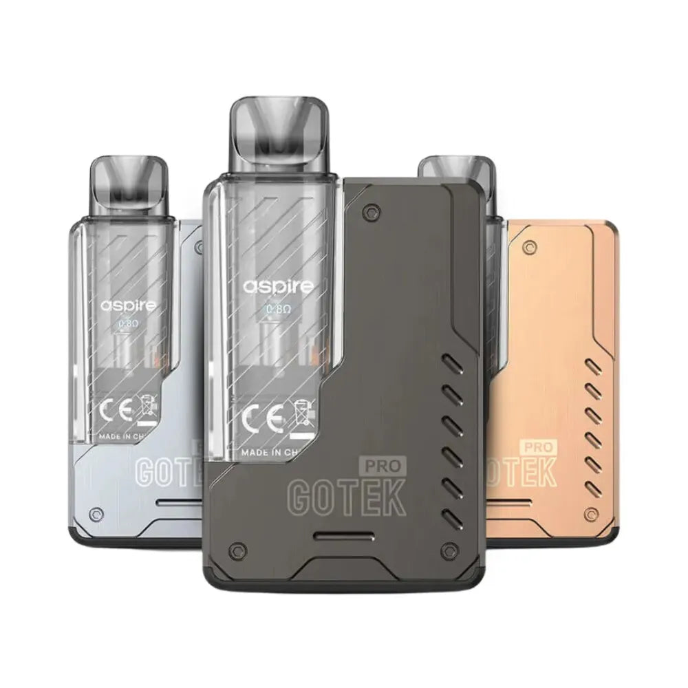 Four Aspire Gotek Pro vaping devices in different colors on a white background