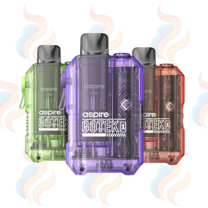 Three Aspire Gotek X Vape devices on a white background with UK Vape Supply Logo

