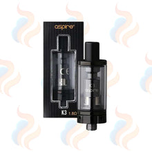 Aspire K3 vaping device with packaging on a white background with decorative smoke effects.
