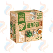 Box of Astra Hemp Infused Hemp Tea with tea bags and tea leaves on a white background