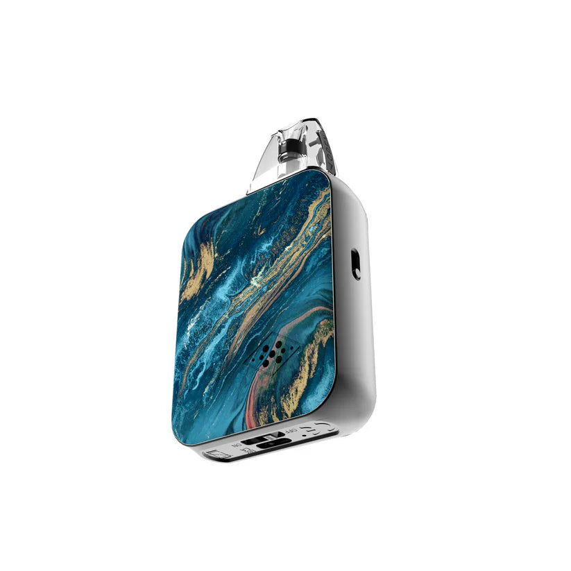 Vape device with a blue and gold marbled design on a white background