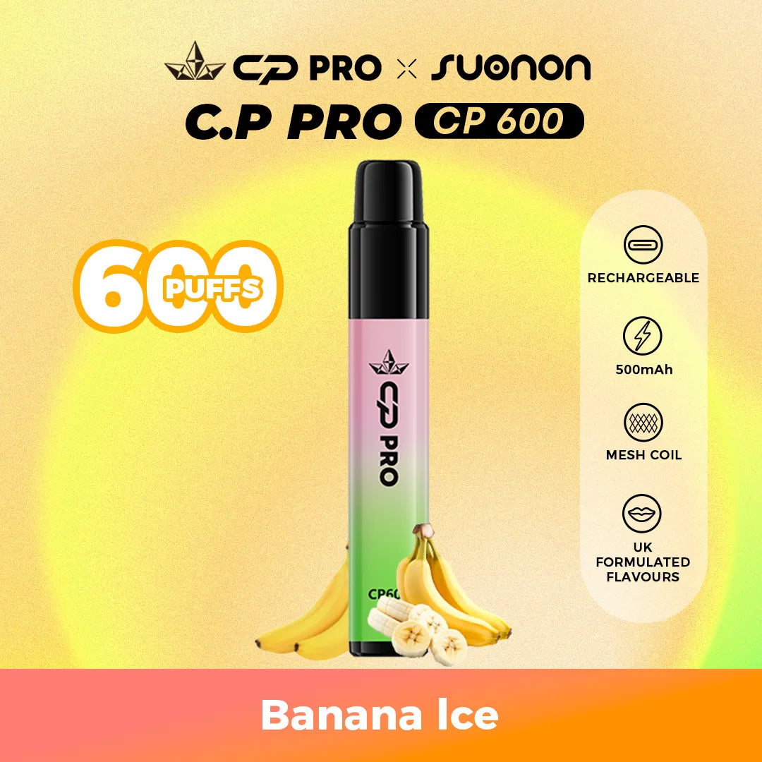 Suonon x CP Pro CP600 vape device with banana ice flavour on a colourful gradient background